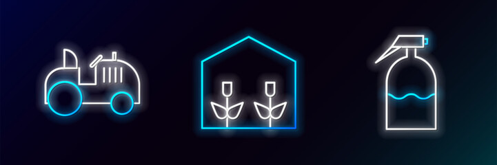 Wall Mural - Set line Garden sprayer, Tractor and Home greenhouse and plants icon. Glowing neon. Vector