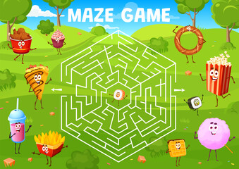 Wall Mural - Labyrinth maze game cartoon fast food and desserts personages. Kids vector worksheet with chicken drumsticks, cupcake, crepe and cocktail. Potato chops, waffle, pop corn or bagel help roll find exit