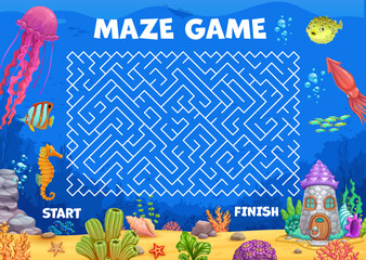 Poster - Labyrinth maze, help seahorse find house in sea landscape, vector puzzle game. Kids worksheet to find way for seahorse in undersea to ocean home dwelling in underwater labyrinth maze path