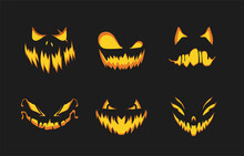 Set Of Halloween Horror Emoticons. Fear And Horror, Scary International Holiday. Face Silhouettes With Emotions. Devil And Demon. Cartoon Flat Vector Collection Isolated On Black Background