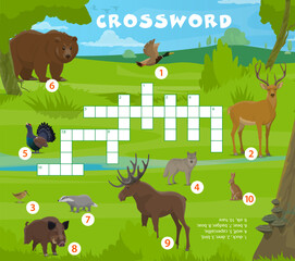 Aufkleber - Crossword quiz game. Forest hunting animals and birds. Crossword quiz, word search riddle vector worksheet or vocabulary playing activity with bear, duck, capercaillie, deer and wolf, hare animals