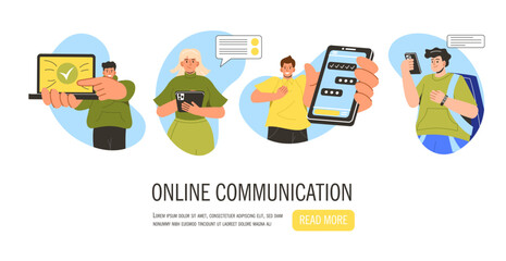 online communication landing page concept. man and woman with smartphones and laptops. interaction o