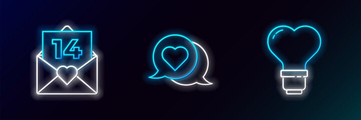 Poster - Set line Heart shape in a light bulb, Envelope with Valentine heart and speech bubble icon. Glowing neon. Vector