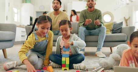 Sticker - Men, watching tv and children with toys, floor and siblings for learning, games or together in family house. Parents, girl kids and building blocks on carpet for development, laptop or cheers on sofa