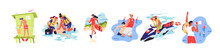 Lifeguard Rescue People Set. Women Save Life Drowning Persons. Emergency On The Water And Security. Dangerous Swimming In The Ocean And First Aid On The Sea Beach. Flat Isolated Vector Illustration