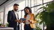 © piai - Two diverse business team people talking and working in office on corporate project at meeting. Generative AI
