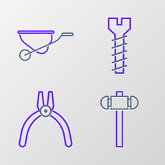 Canvas Print - Set line Sledgehammer, Pliers tool, Metallic screw and Wheelbarrow icon. Vector