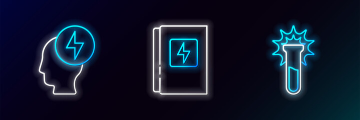 Poster - Set line Test tube and flask, Head electric symbol and Electrical panel icon. Glowing neon. Vector