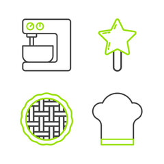 Sticker - Set line Chef hat, Homemade pie, Lollipop and Electric mixer icon. Vector