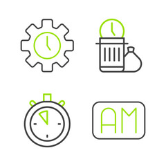 Sticker - Set line Morning time, Stopwatch, Waste of and Time Management icon. Vector