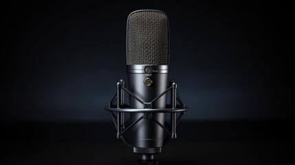 Microphone on the table on dark background, close-up.