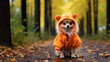 Dog in Halloween costume in the woods.