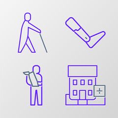 Wall Mural - Set line Medical hospital building, Human broken arm, Prosthesis leg and Blind human holding stick icon. Vector