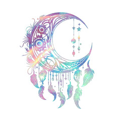 Wall Mural - Dream catcher, tribal style, crescent moon, feathers, isolated without background