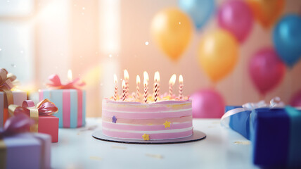 pink birthday cake with candles, people, table, birthday party for children, children having fun, co