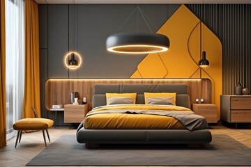 Wall Mural - designer interior of contemporary bedroom with comfortable bed and luxurious finishings and LED lights