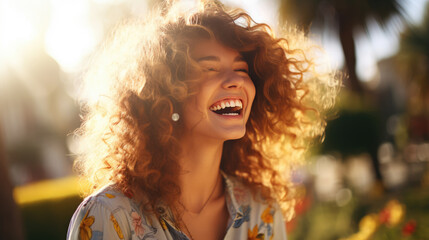 Beautiful young woman with curly hair smiling in nature on a sunny day.