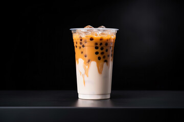 Wall Mural - iced milk tea and bubble boba in the plastic glass on the dark background