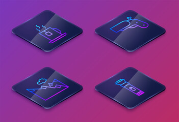 Sticker - Set Isometric line Cup of tea with tea bag, Mountains, Flare gun pistol and Flashlight. Blue square button. Vector