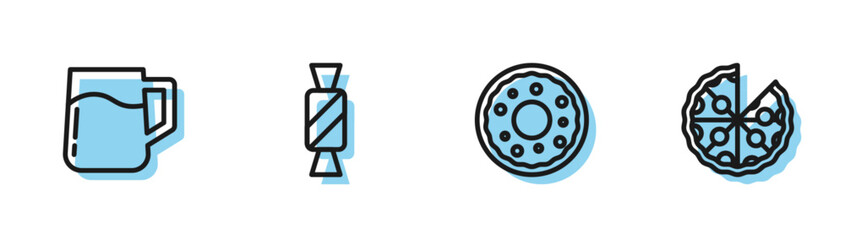 Sticker - Set line Donut, Wooden beer mug, Candy and Pizza icon. Vector