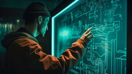 businessman working on a virtual screen of the future using digital lock. Business, network concept