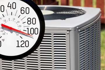 outdoor thermometer in sun with air conditioner. hot weather, hvac maintenance, and home energy savi