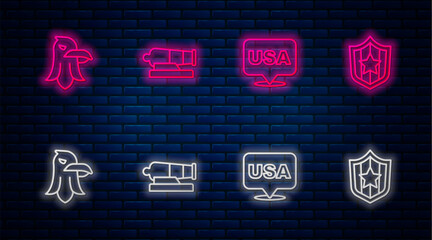 Sticker - Set line Cannon, USA Independence day, Eagle and Shield with stars. Glowing neon icon on brick wall. Vector