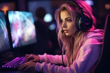 Streamer Beautiful Girl Professional Gamer Playing Online Games Computer. Generative AI