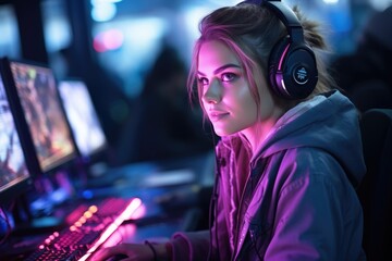 Wall Mural - Streamer beautiful girl professional gamer playing online games computer. Generative AI