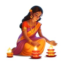Happy Diwali, Indian Women And Diya, Generative Ai