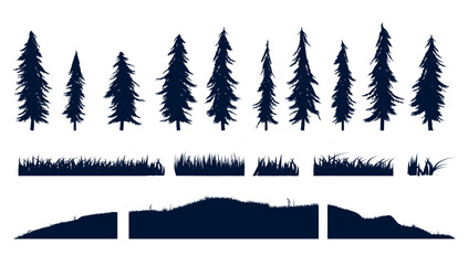 Wall Mural - Trees and forest elements vector graphics - Collection of tree and grass designs on white background