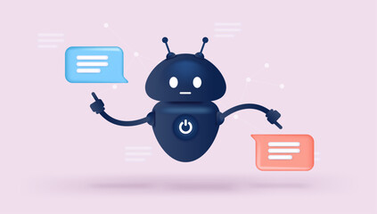 Poster - Chatbot robot character- Vector illustration of black bot pointing at speech bubbles and taking