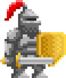 © ad_stock - Medieval knight with sword and shield pixel art. Retro video-game character. Cartoon vector illustration.