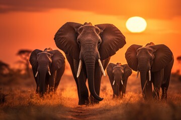 Wall Mural - Elephants in Amboseli National Park, Kenya, Africa, a herd of elephants walking across a dry grass field at sunset with the sun in the background, AI Generated