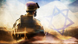 Israeli Soldier created with the help of AI, with underlying flag over the desert of Qumran and the Hebrew letters Israel on the helmet.  AI Generative