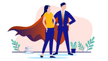 Business Superheroes - Vector Illustration Of Two Businesspeople Standing Strong With Superhero Cape. Flat Design With White Background