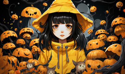 Wall Mural - Girl surrounded by pumpkins, skulls, little monsters and ghosts. Halloween. Umbrella. Dream and fantasy scene - generative ai