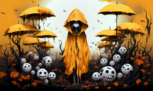 Girl Surrounded By Pumpkins, Skulls, Little Monsters And Ghosts. Halloween. Umbrella. Dream And Fantasy Scene - Generative Ai