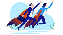 Business Superheroes Flying - Two Businesspeople, Man And Woman In Superhero Outfit Heading Fro Success. Flat Design Vector Illustration With White Background