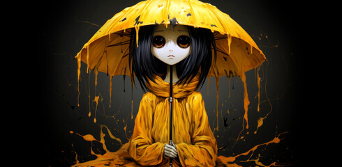 Wall Mural - Halloween ghost girl. Umbrella. Dream and fantasy scene, black background - generative ai