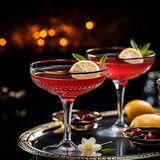 Fototapeta  - Two Cosmopolitan cocktails in two glass goblets on a very elegant metal tray against a black background with textured lights