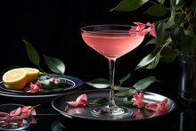 Cosmopolitan Cocktail In An Elegant Glass Goblet On A Metal Tray. Black Background. Food Styling