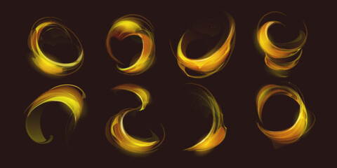 Poster - Magic light effect swirl with neon sparkle shine. Flare ring motion glow isolated dynamic particle. Abstract fold twirl element with glitter dust and bright flash. Futuristic isolated golden vortex