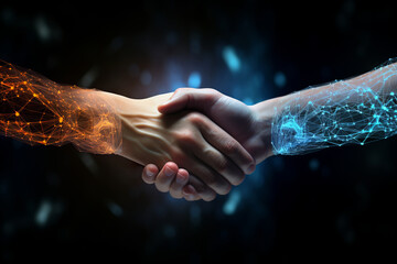 Two human hands shaking as if making a buying deal, with blue and orange digital cyber overlay, black background. Collaboration of robotics and AI with human society. Generative AI technology