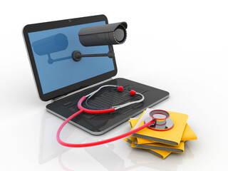 Sticker - 3d rendering Folder with laptop connected stethoscope under cctv camera