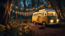 Night Picnic Near A Yellow Camper Bus On A Background Of Yellow Garlands In The Forest