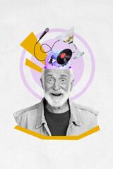 Sticker - Vertical collage image artwork of smiling excited grandfather weekend chill karaoke club alco cocktail isolated on painted background