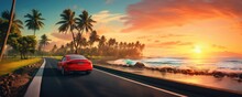 Aerial view on road with red car, with sunset, sea and palms., panorama. Wallpaper.