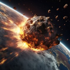 Wall Mural - Meteor Impact with Earth, fireball Asteroid In Collision with Planet