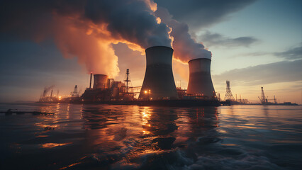 Remote Nuclear Power Plants and Cooling Ponds, Nuclear Energy Digital Concept Render